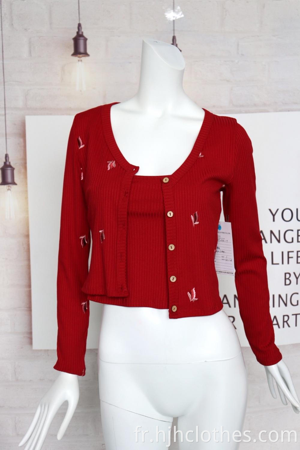 Ladies Embroidered Ribbed Cardigan Suit